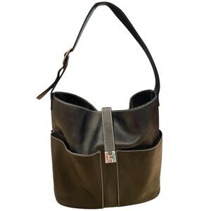 LAMBERTSON TRUEX Black Leather Large Shoulder Laptop Bag Blue Suede Lining Italy